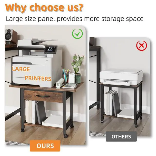 Alt view image 3 of 7 - 22"x15" Large Printer Stand with Drawer, 2-Tier Rolling Table Cart