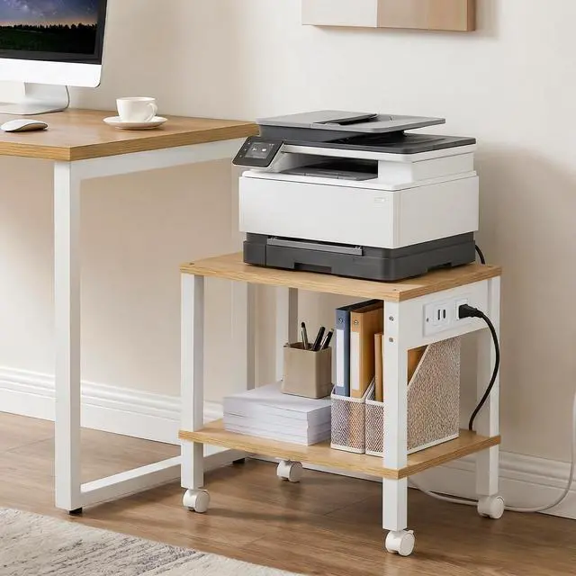 Alt view image 2 of 7 - 2-Tier Printer Stand with Charging Station, Under Desk Printer Table, Printer Cart with Storage Shelves, Shelf for Small Spaces, for Home Office, Natural WN38UPS01