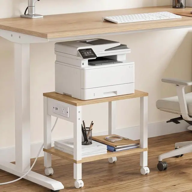 Alt view image 5 of 7 - 2-Tier Printer Stand with Charging Station, Under Desk Printer Table, Printer Cart with Storage Shelves, Shelf for Small Spaces, for Home Office, Natural WN38UPS01