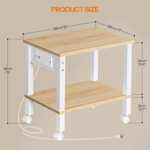 Alt view image 3 of 7 - 2-Tier Printer Stand with Charging Station, Under Desk Printer Table, Printer Cart with Storage Shelves, Shelf for Small Spaces, for Home Office, Natural WN38UPS01