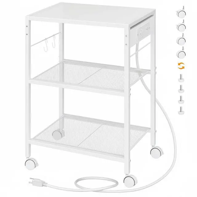 Main image of Industrial Printer Stand, 3-Tier Mobile Printer Table, Rolling Cart with Power Outlets and USB Ports, Home Printer Stand with 2 Hooks, for Office, Living Room, White WW22UPS01