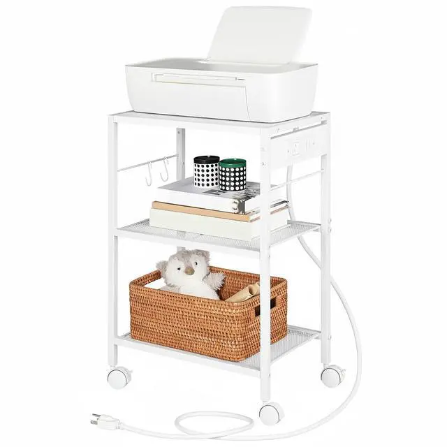 Alt view image 2 of 7 - Industrial Printer Stand, 3-Tier Mobile Printer Table, Rolling Cart with Power Outlets and USB Ports, Home Printer Stand with 2 Hooks, for Office, Living Room, White WW22UPS01