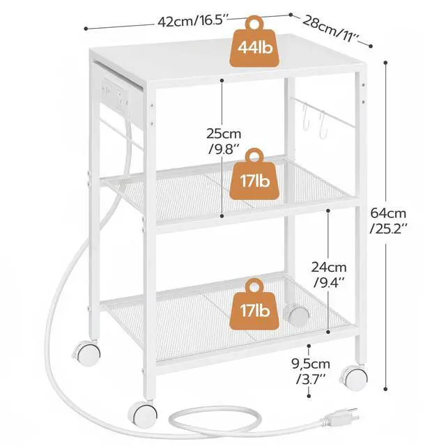 Alt view image 3 of 7 - Industrial Printer Stand, 3-Tier Mobile Printer Table, Rolling Cart with Power Outlets and USB Ports, Home Printer Stand with 2 Hooks, for Office, Living Room, White WW22UPS01