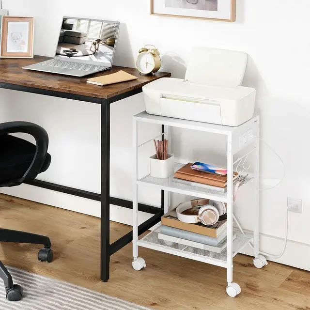 Alt view image 5 of 7 - Industrial Printer Stand, 3-Tier Mobile Printer Table, Rolling Cart with Power Outlets and USB Ports, Home Printer Stand with 2 Hooks, for Office, Living Room, White WW22UPS01