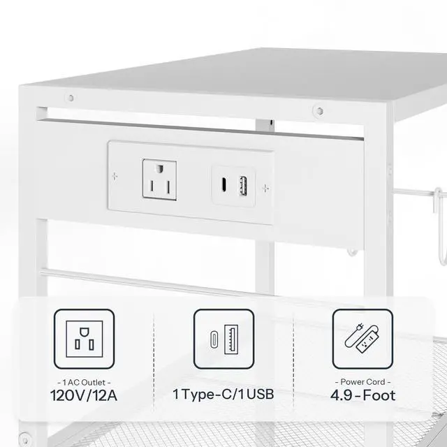 Alt view image 7 of 7 - Industrial Printer Stand, 3-Tier Mobile Printer Table, Rolling Cart with Power Outlets and USB Ports, Home Printer Stand with 2 Hooks, for Office, Living Room, White WW22UPS01