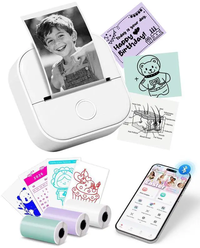 Main image of Mini Printer T02 Thermal Sticker Printer with 3 Rolls Paper