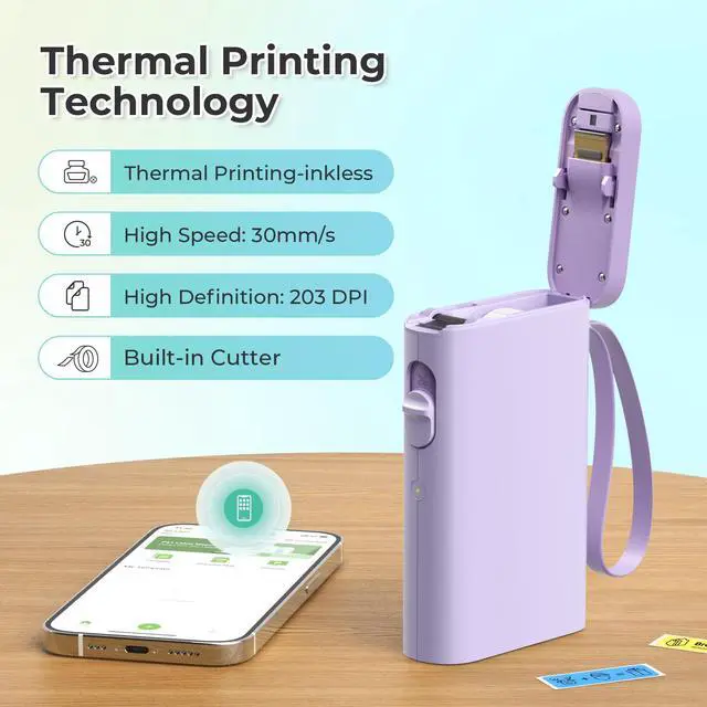Alt view image 5 of 7 - P21 Label Maker Machine with Tape, Bluetooth Label Printer, Purple Creative App & Multiple Templates, Inkless Printing, Built-in Cutter, Ideal for School, Teacher Supplies, Office, and Home