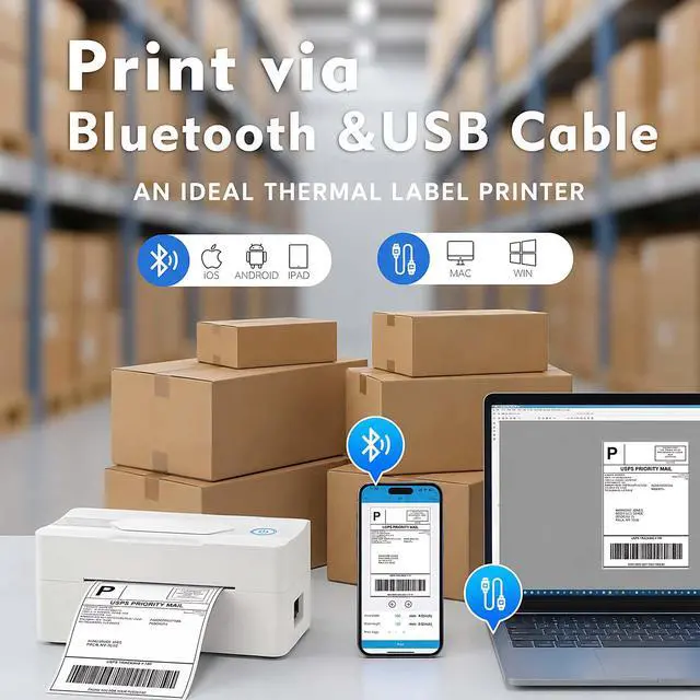 Alt view image 2 of 7 - Bluetooth Thermal Shipping Label Printer, 4x6, White