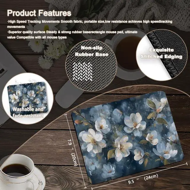 Alt view image 2 of 6 - Navy Blue Vintage White Floral Square Mouse Pad, Spring Cottagecore Magnolia Flower Botanical Mousepad Mat for Home Office Computer Gaming Desk Accessories 9.5x7.9 in