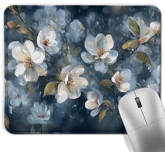 Main image of Navy Blue Vintage White Floral Square Mouse Pad, Spring Cottagecore Magnolia Flower Botanical Mousepad Mat for Home Office Computer Gaming Desk Accessories 9.5x7.9 in