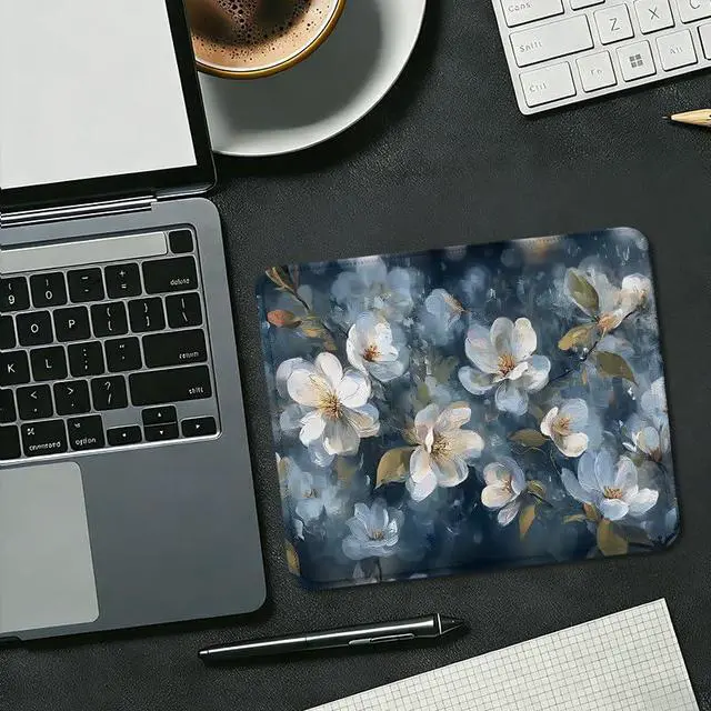 Alt view image 3 of 6 - Navy Blue Vintage White Floral Square Mouse Pad, Spring Cottagecore Magnolia Flower Botanical Mousepad Mat for Home Office Computer Gaming Desk Accessories 9.5x7.9 in