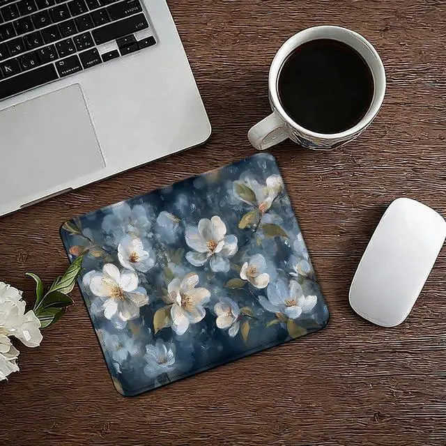 Alt view image 4 of 6 - Navy Blue Vintage White Floral Square Mouse Pad, Spring Cottagecore Magnolia Flower Botanical Mousepad Mat for Home Office Computer Gaming Desk Accessories 9.5x7.9 in