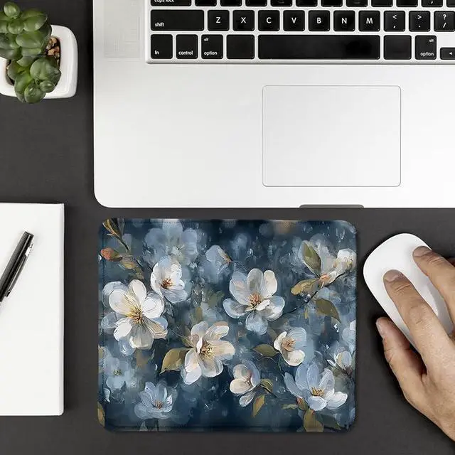 Alt view image 5 of 6 - Navy Blue Vintage White Floral Square Mouse Pad, Spring Cottagecore Magnolia Flower Botanical Mousepad Mat for Home Office Computer Gaming Desk Accessories 9.5x7.9 in