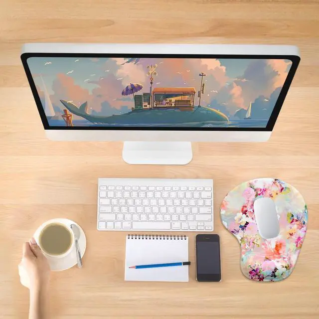 Alt view image 7 of 7 - Ergonomic Mouse Pad with Wrist Rest Support, Gel Mouse Pads with Non-Slip PU Base, Pain Relief Memory Foam Computer Mat, Cute Office Supplies Desk Decro Accessories, Pink Flower