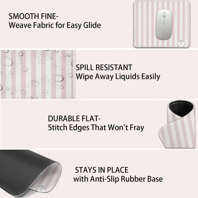 Alt view image 6 of 7 - Mouse Pad for Desk with Stitched Edge, Premium Cute Washable Mouse Pads. Computer Mousepad with Non-Slip Rubber Base, Mousepads for Laptop, 9.25x7.75x0.12 inch (Pink Stripes)