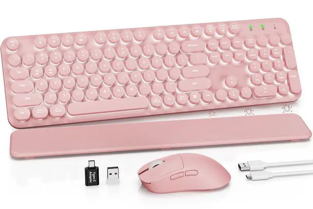 Main image of Rechargeable Backlit Wireless Keyboard and Mouse Combo, Retro Typewriter Keyboard with Magnetic Wrist Rest, Light Up Letters, 2.4GHz Cordless Connection for Mac, Windows PC, Laptop (Glowing Pink)