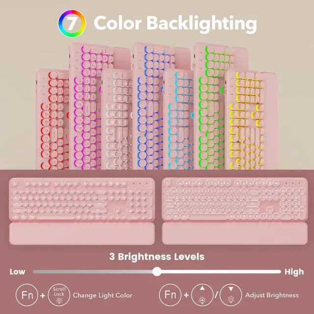 Alt view image 2 of 7 - Rechargeable Backlit Wireless Keyboard and Mouse Combo, Retro Typewriter Keyboard with Magnetic Wrist Rest, Light Up Letters, 2.4GHz Cordless Connection for Mac, Windows PC, Laptop (Glowing Pink)