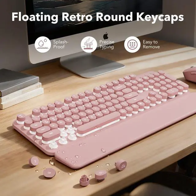 Alt view image 5 of 7 - Rechargeable Backlit Wireless Keyboard and Mouse Combo, Retro Typewriter Keyboard with Magnetic Wrist Rest, Light Up Letters, 2.4GHz Cordless Connection for Mac, Windows PC, Laptop (Glowing Pink)