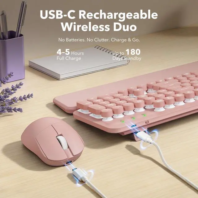 Alt view image 4 of 7 - Rechargeable Backlit Wireless Keyboard and Mouse Combo, Retro Typewriter Keyboard with Magnetic Wrist Rest, Light Up Letters, 2.4GHz Cordless Connection for Mac, Windows PC, Laptop (Glowing Pink)