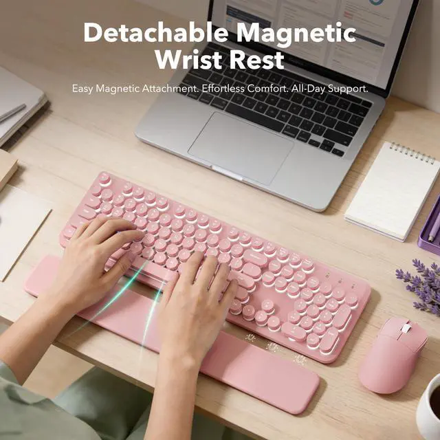 Alt view image 3 of 7 - Rechargeable Backlit Wireless Keyboard and Mouse Combo, Retro Typewriter Keyboard with Magnetic Wrist Rest, Light Up Letters, 2.4GHz Cordless Connection for Mac, Windows PC, Laptop (Glowing Pink)