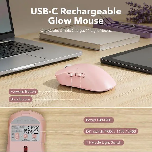 Alt view image 6 of 7 - Rechargeable Backlit Wireless Keyboard and Mouse Combo, Retro Typewriter Keyboard with Magnetic Wrist Rest, Light Up Letters, 2.4GHz Cordless Connection for Mac, Windows PC, Laptop (Glowing Pink)