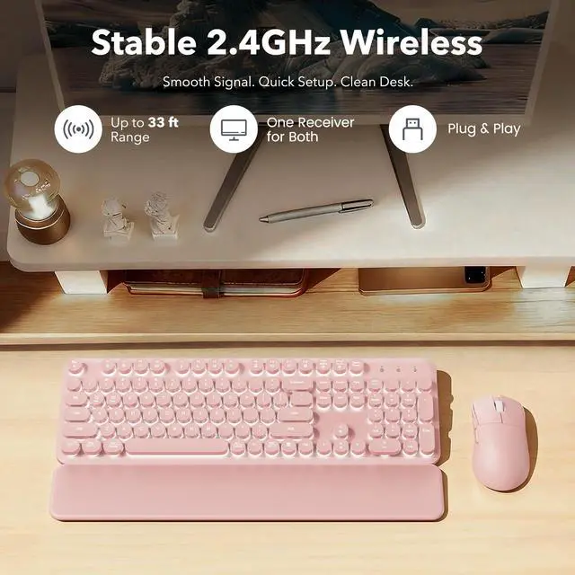 Alt view image 7 of 7 - Rechargeable Backlit Wireless Keyboard and Mouse Combo, Retro Typewriter Keyboard with Magnetic Wrist Rest, Light Up Letters, 2.4GHz Cordless Connection for Mac, Windows PC, Laptop (Glowing Pink)