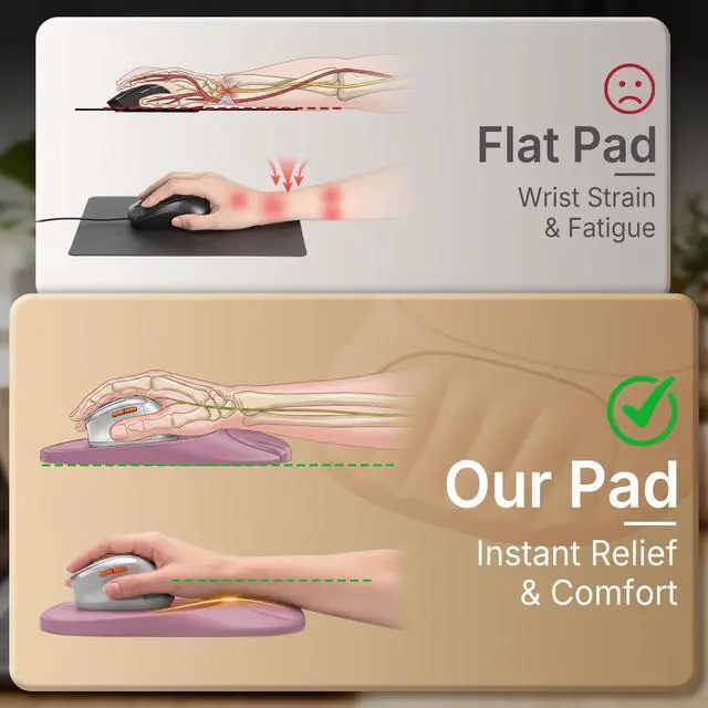 Alt view image 3 of 7 - Ergonomic Mouse Pad with Wrist Rest, Sloped Memory Foam Mousepad with Wrist Support, Cooling Channels, Non-Slip Base, Smooth Lycra Surface for Office, Gaming & Home Desk (Dusty Rose)