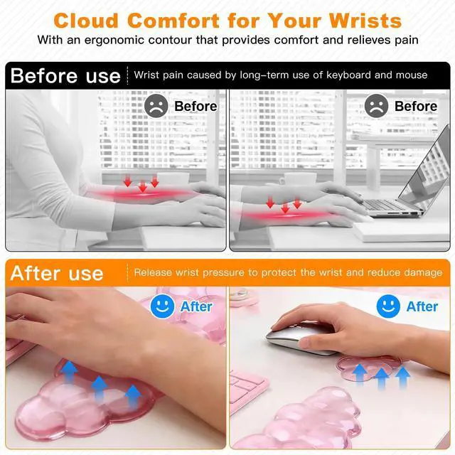 Alt view image 2 of 7 - Cloud Keyboard and Mouse Wrist Rest Set, Clear Gel Keyboard Mouse Wrist Rest Support Pad for Typing Pain Relief, Cute Aesthetic Desk Decor Accessory for Home Office Dorm(Pink)