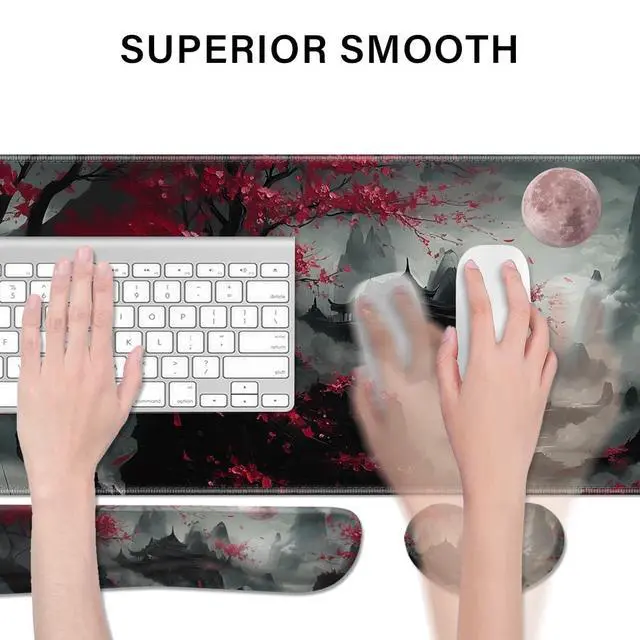 Alt view image 2 of 6 - Desk Pad and Keyboard Wrist Rest,Janpense Large Mouse Pad + Keyboard Pad+Mouse Wrist Support, Non-Slip Desk Mat Protector for Office, Home 31.5×11.8 Inches Cherry Blossom