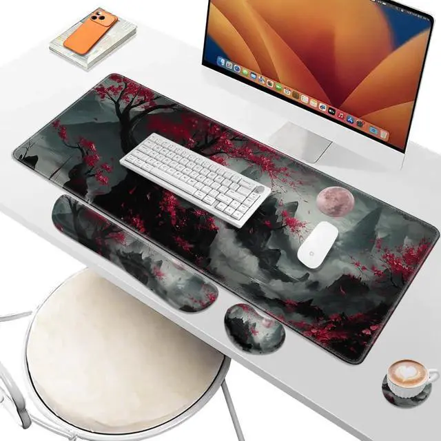 Alt view image 6 of 6 - Desk Pad and Keyboard Wrist Rest,Janpense Large Mouse Pad + Keyboard Pad+Mouse Wrist Support, Non-Slip Desk Mat Protector for Office, Home 31.5×11.8 Inches Cherry Blossom