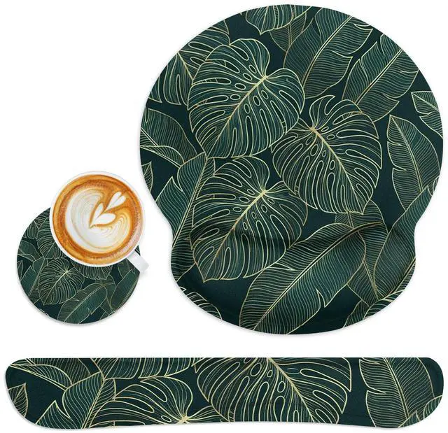 Main image of Ergonomic Mouse Pad Set with Wrist Rest, Green Palm Leaves