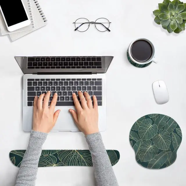 Alt view image 3 of 7 - Ergonomic Mouse Pad Set with Wrist Rest, Green Palm Leaves