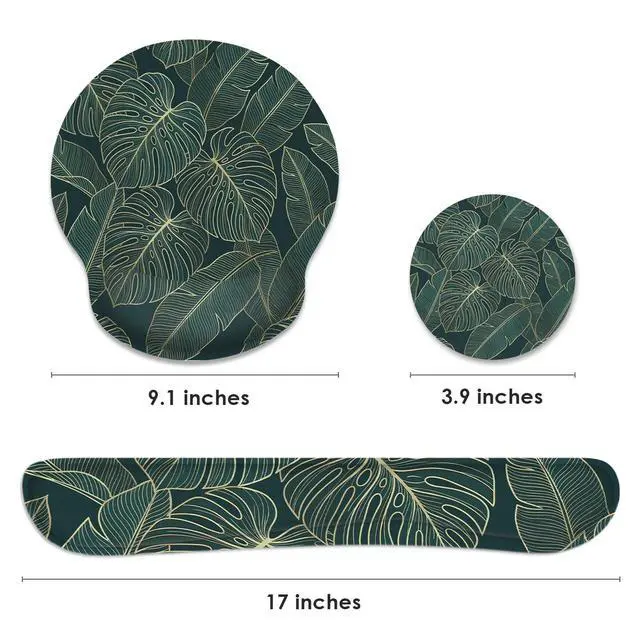 Alt view image 2 of 7 - Ergonomic Mouse Pad Set with Wrist Rest, Green Palm Leaves