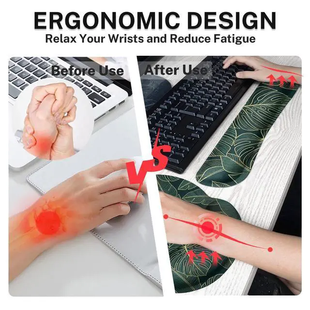 Alt view image 5 of 7 - Ergonomic Mouse Pad Set with Wrist Rest, Green Palm Leaves