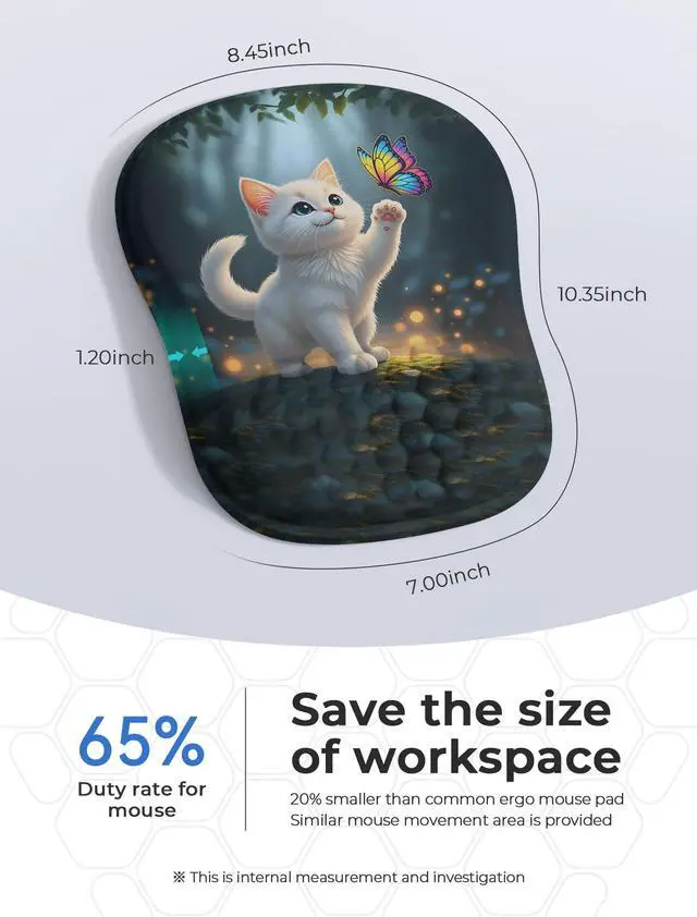 Alt view image 2 of 6 - Adorable Kitty Cat Ergonomic Mouse Pad for Carpal Tunnel Pain Relief, 65% Usable Mouse Area, Memory Foam Concave Wrist Rest for Office, PC, Gaming