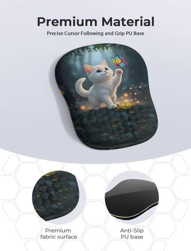 Alt view image 6 of 6 - Adorable Kitty Cat Ergonomic Mouse Pad for Carpal Tunnel Pain Relief, 65% Usable Mouse Area, Memory Foam Concave Wrist Rest for Office, PC, Gaming