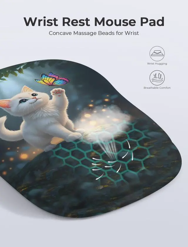 Alt view image 3 of 6 - Adorable Kitty Cat Ergonomic Mouse Pad for Carpal Tunnel Pain Relief, 65% Usable Mouse Area, Memory Foam Concave Wrist Rest for Office, PC, Gaming