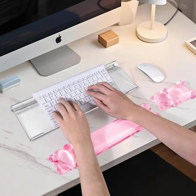 Alt view image 3 of 7 - 16.9inch Computer Keyboard Stand for Desktop, Gel Keyboard Wrist Rest Set for Ergonomic Typing, Comfort & Support for Office, Work, Gaming (Cute Pink Bear)