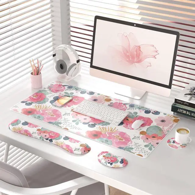 Alt view image 2 of 7 - PU Leather Desk Mat Set, 4-in-1 Ergonomic Wrist Rest, Pink Flowers