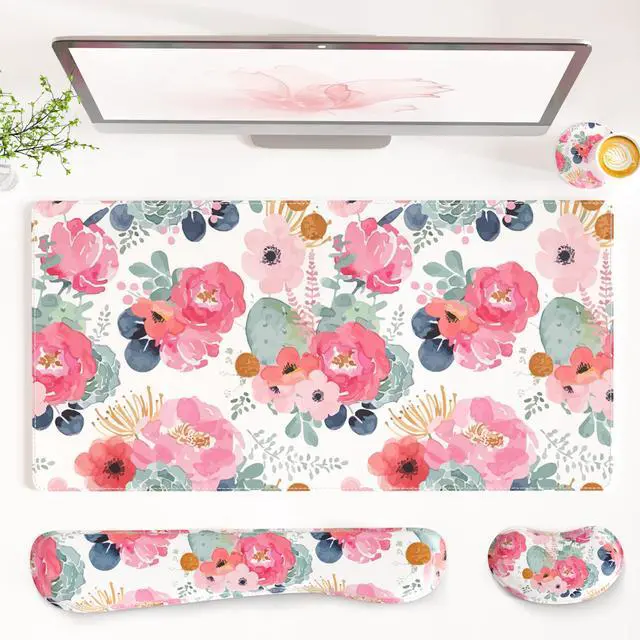 Main image of PU Leather Desk Mat Set, 4-in-1 Ergonomic Wrist Rest, Pink Flowers