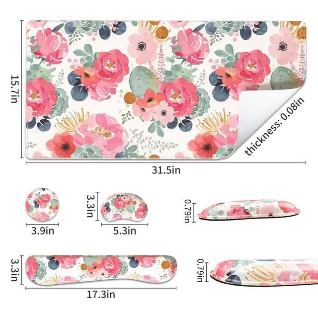 Alt view image 3 of 7 - PU Leather Desk Mat Set, 4-in-1 Ergonomic Wrist Rest, Pink Flowers