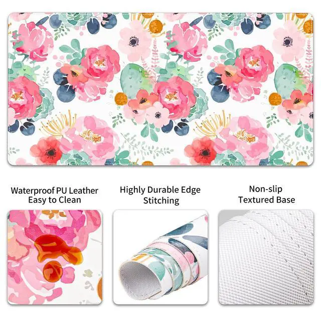 Alt view image 5 of 7 - PU Leather Desk Mat Set, 4-in-1 Ergonomic Wrist Rest, Pink Flowers