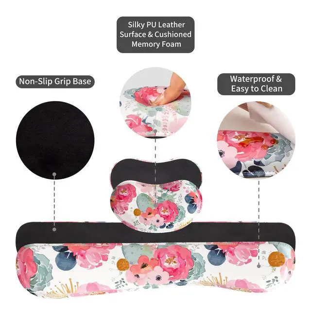 Alt view image 6 of 7 - PU Leather Desk Mat Set, 4-in-1 Ergonomic Wrist Rest, Pink Flowers