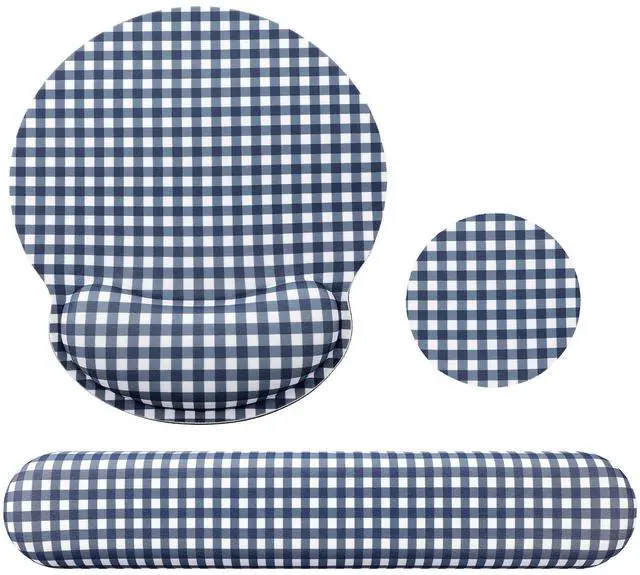 Main image of Wrist Rest Support for Mouse Pad&Keyboard Set, Navy Blue Gingham Checkered Circle Curved Ergonomic Mousepad&Coaster Non-Slip Base Design for Office Home Laptop Desktop Computer Keyboard