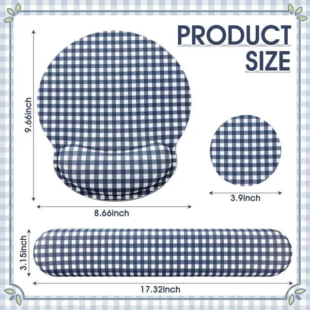 Alt view image 2 of 6 - Wrist Rest Support for Mouse Pad&Keyboard Set, Navy Blue Gingham Checkered Circle Curved Ergonomic Mousepad&Coaster Non-Slip Base Design for Office Home Laptop Desktop Computer Keyboard