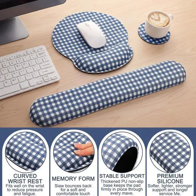 Alt view image 3 of 6 - Wrist Rest Support for Mouse Pad&Keyboard Set, Navy Blue Gingham Checkered Circle Curved Ergonomic Mousepad&Coaster Non-Slip Base Design for Office Home Laptop Desktop Computer Keyboard