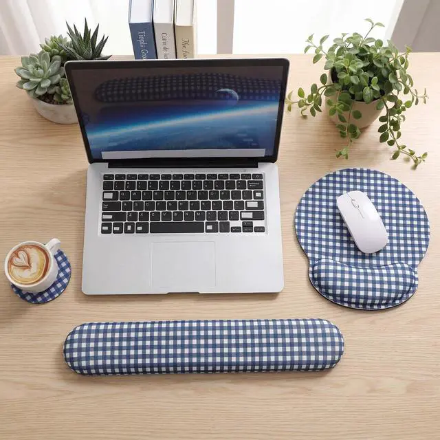 Alt view image 5 of 6 - Wrist Rest Support for Mouse Pad&Keyboard Set, Navy Blue Gingham Checkered Circle Curved Ergonomic Mousepad&Coaster Non-Slip Base Design for Office Home Laptop Desktop Computer Keyboard