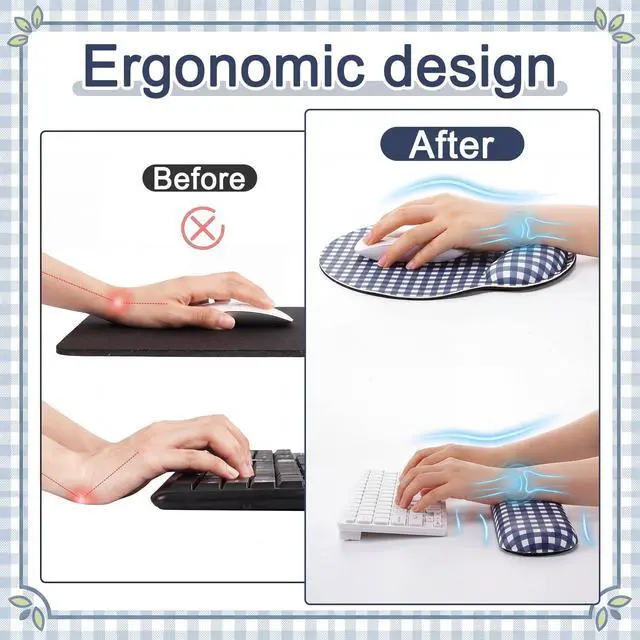 Alt view image 4 of 6 - Wrist Rest Support for Mouse Pad&Keyboard Set, Navy Blue Gingham Checkered Circle Curved Ergonomic Mousepad&Coaster Non-Slip Base Design for Office Home Laptop Desktop Computer Keyboard