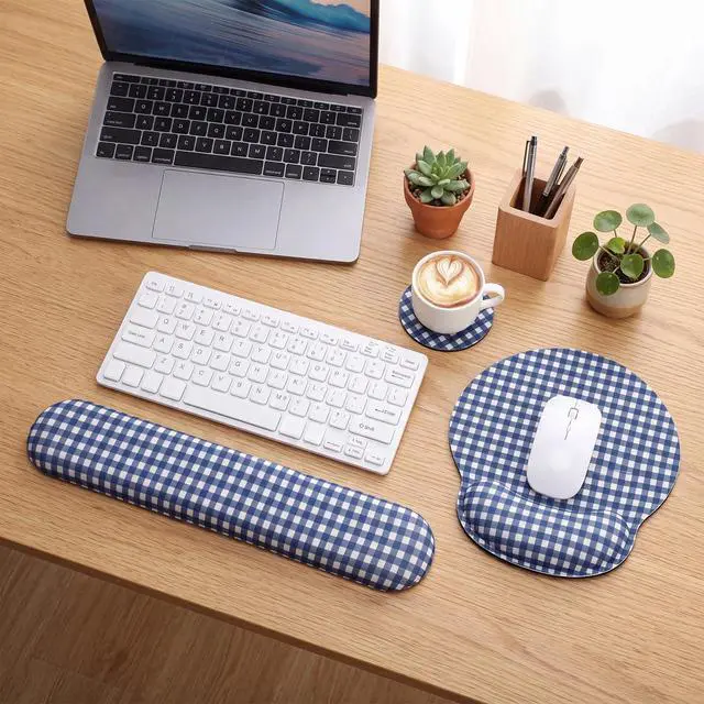 Alt view image 6 of 6 - Wrist Rest Support for Mouse Pad&Keyboard Set, Navy Blue Gingham Checkered Circle Curved Ergonomic Mousepad&Coaster Non-Slip Base Design for Office Home Laptop Desktop Computer Keyboard