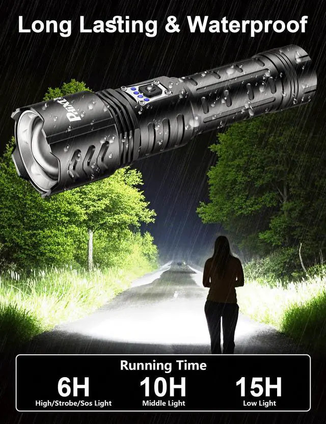 Alt view image 4 of 6 - Rechargeable Flashlights High Lumens 100000 Super Bright Long Range 3280FT, Long Lasting 15H Powerful USB C LED Strong Flash Light High Powered, Heavy Duty, Zoomable, for Home Camping Gift
